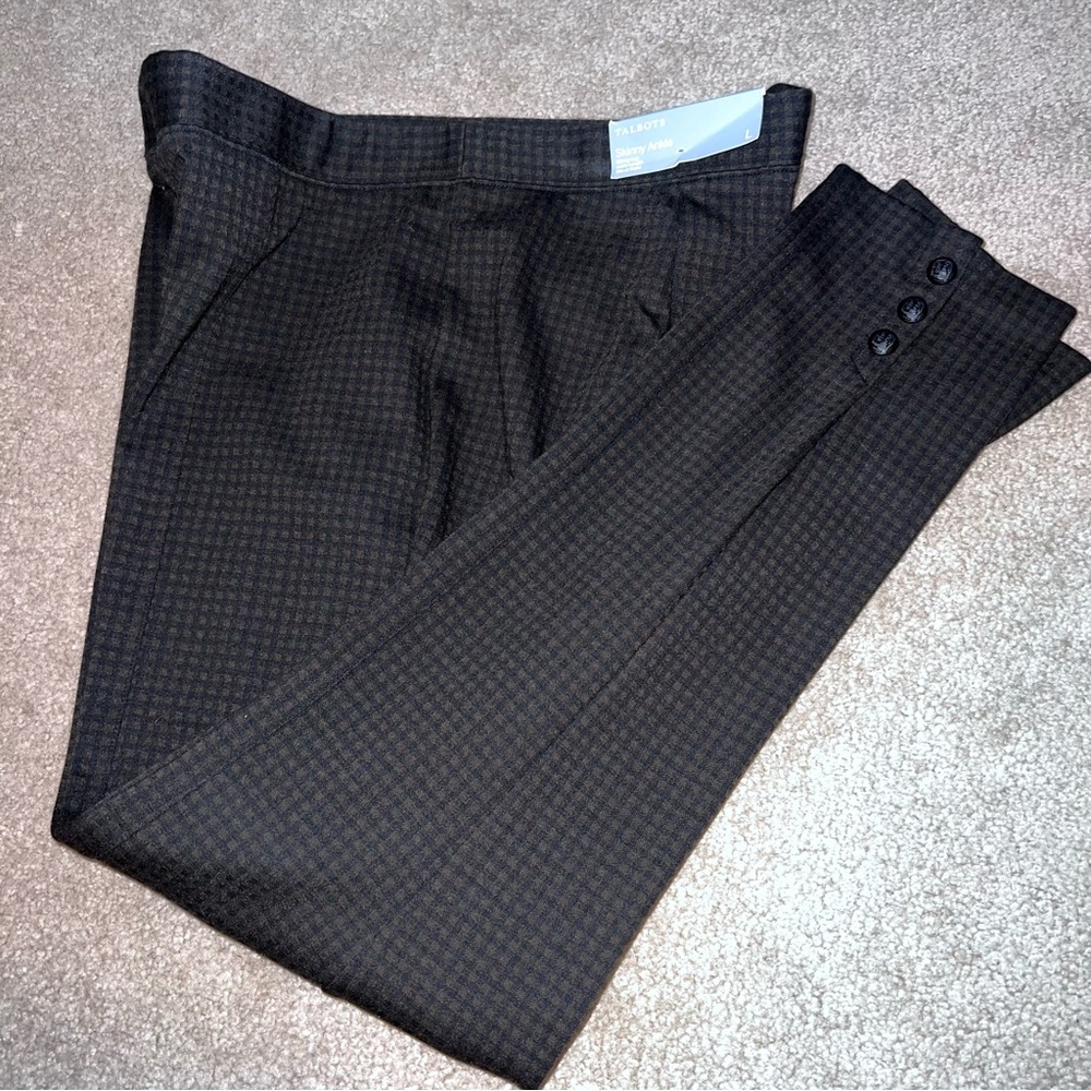 Talbots skinny ankle ponte legging button hem detail olive & black check